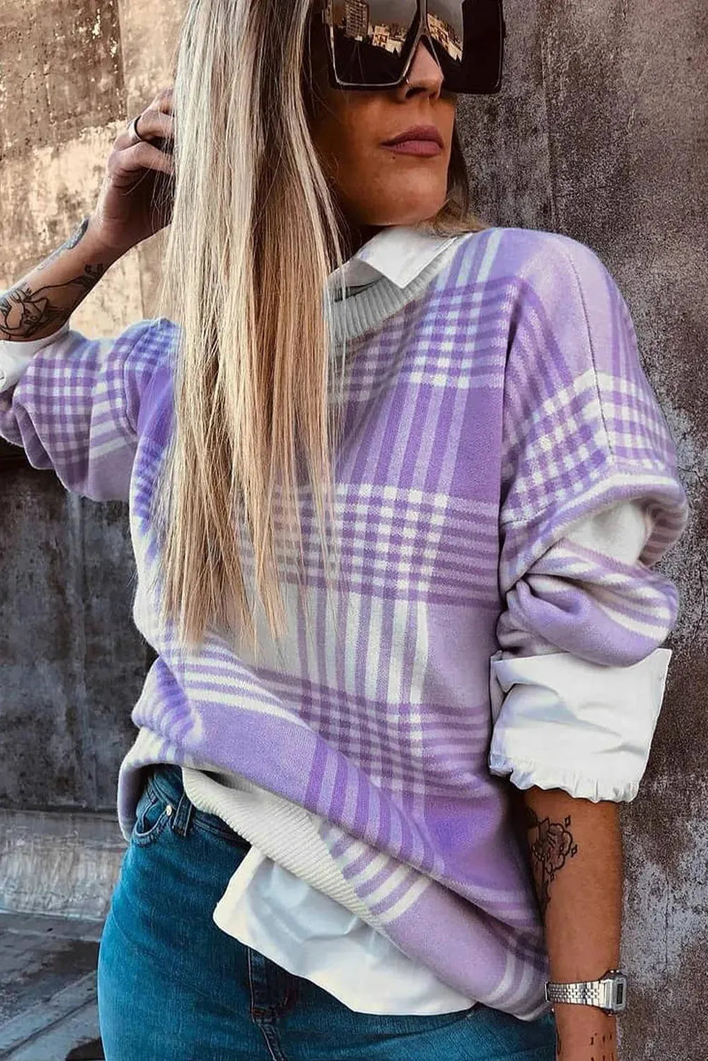 Lilac plaid print loose knit sweater with ribbed trim on cuffs and hem
