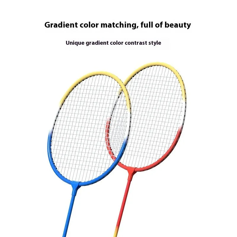 A pair of blue and red alloy badminton rackets with a split-tube design.