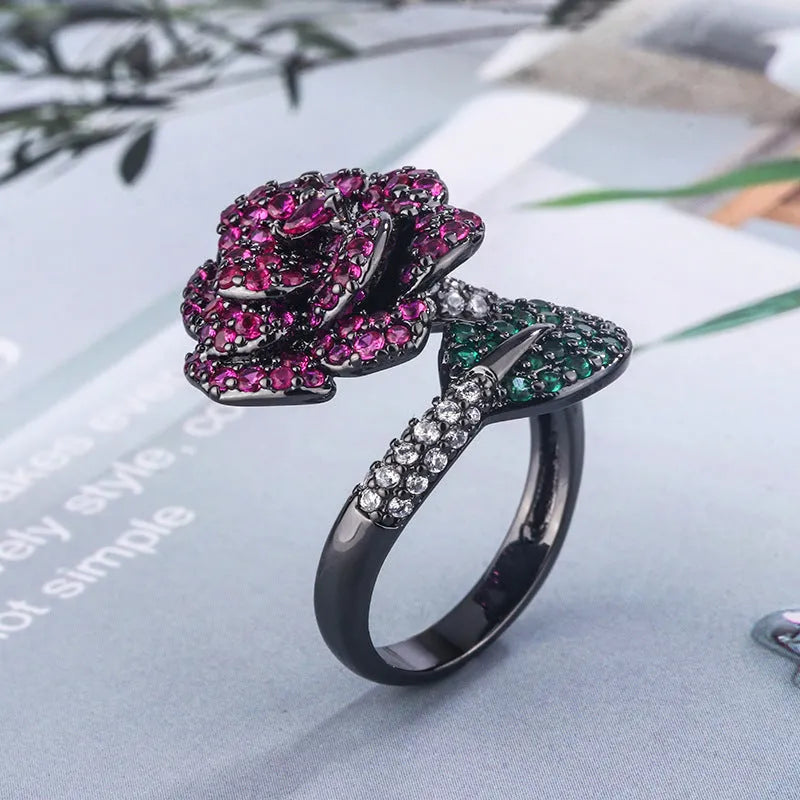 Gold-plated geometric black gold flower ring with simulated red corundum stone for women