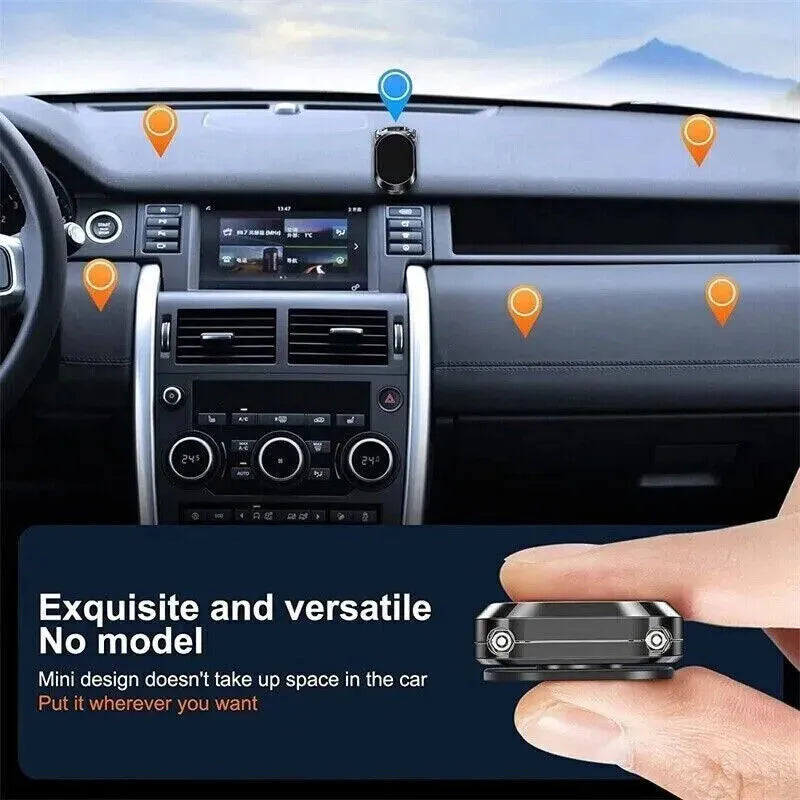 Chrome magnetic car phone holder showing folded and extended positions with 360-degree rotation