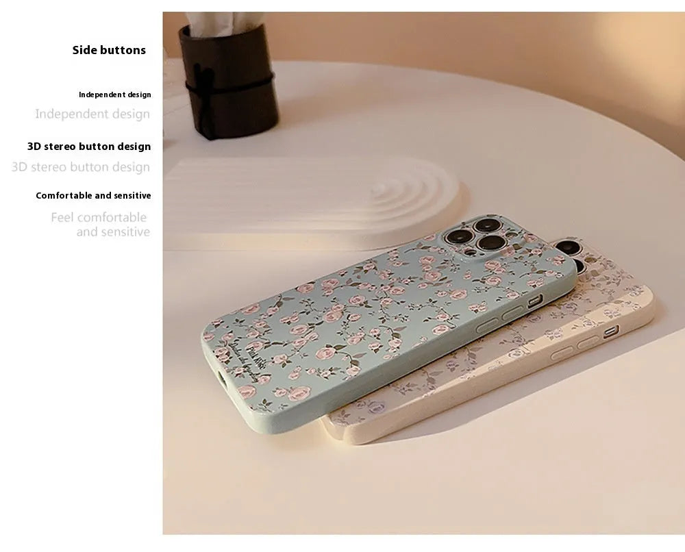 Korean vintage floral TPU phone case for Apple iPhone with painted flowers in embroidered green, water blue, or white colourway