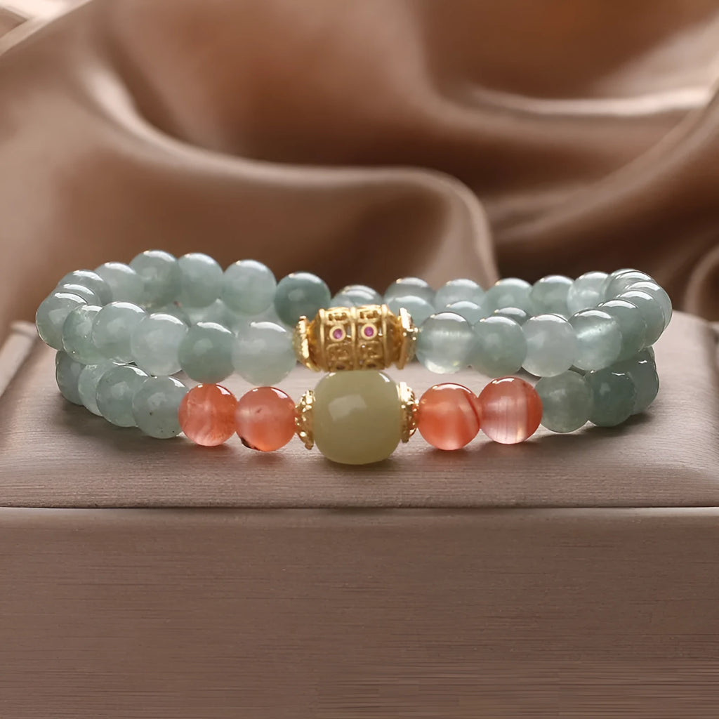 New Chinese style oil green jade and southern red agate beaded bracelet for women, light green round beads