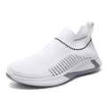 Men's black and white striped mesh sock sneakers with lace-up front and round toe.