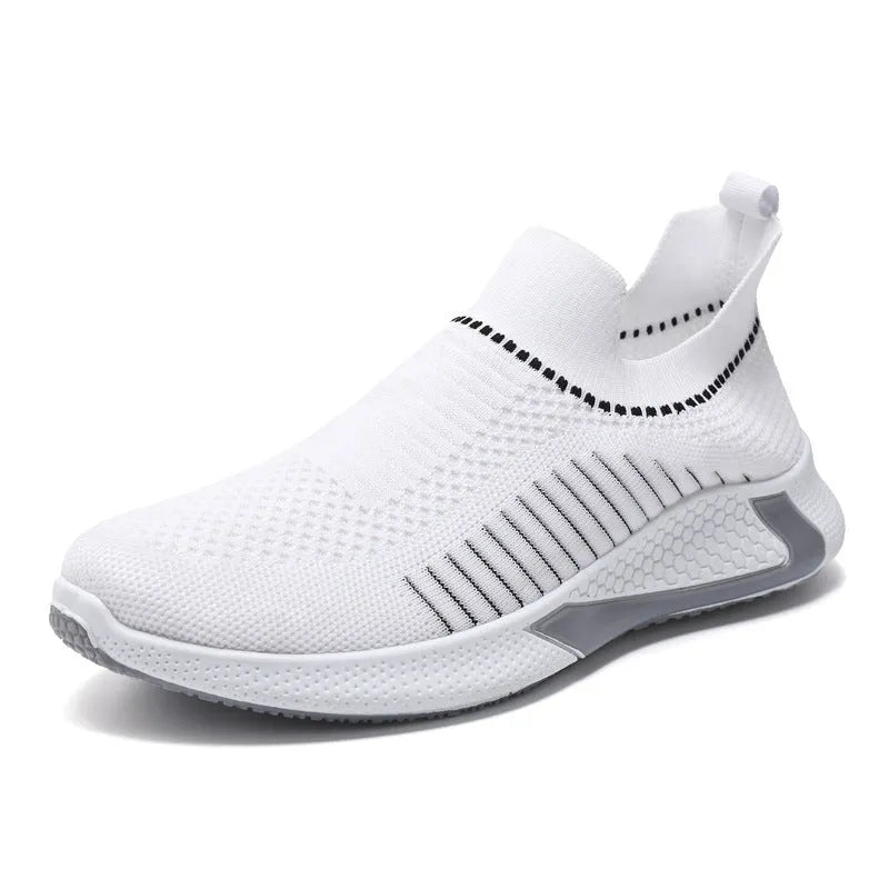 Men's black and white striped mesh sock sneakers with lace-up front and round toe.