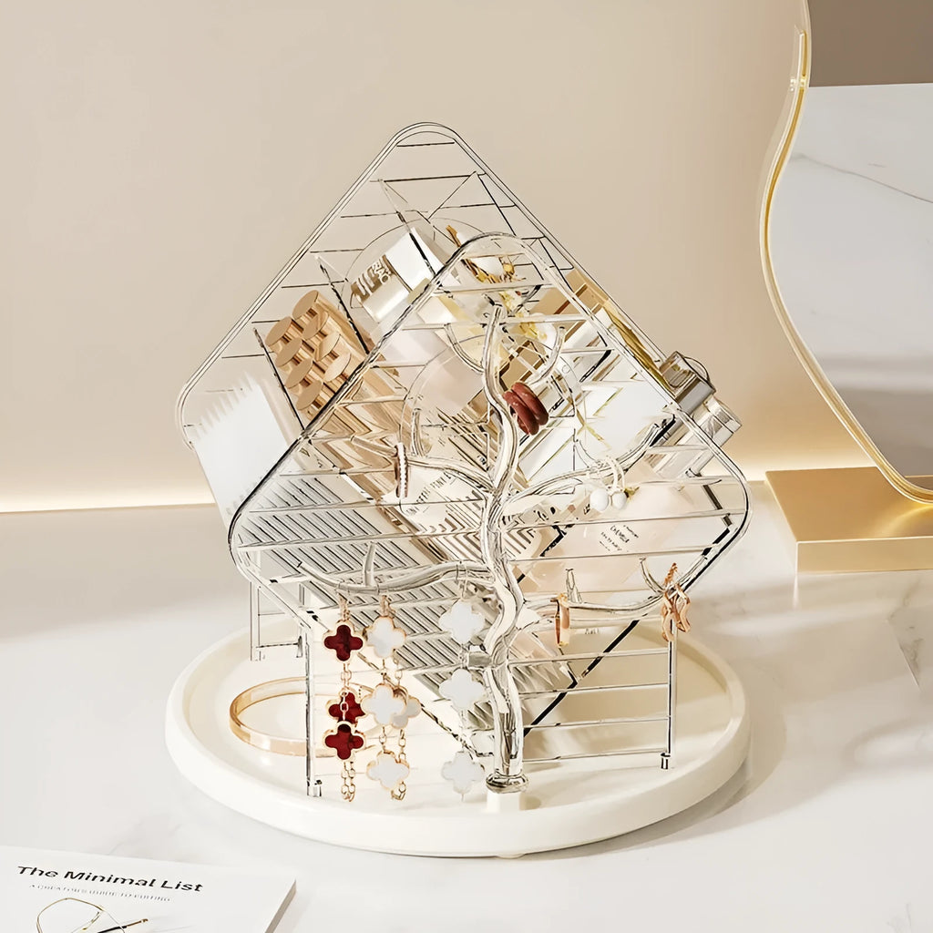 Clear and Amber Gold rotating plastic cosmetics storage box on a countertop