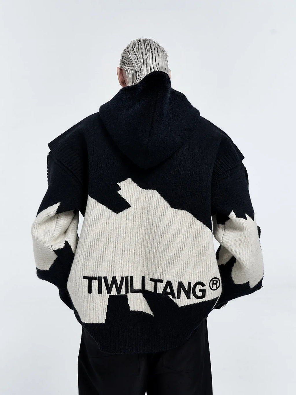 Men's ink gray black colour block long sleeve embroidered pullover hoodie jacket on hanger