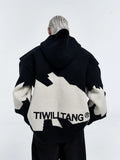 Men's ink gray black colour block long sleeve embroidered pullover hoodie jacket on hanger