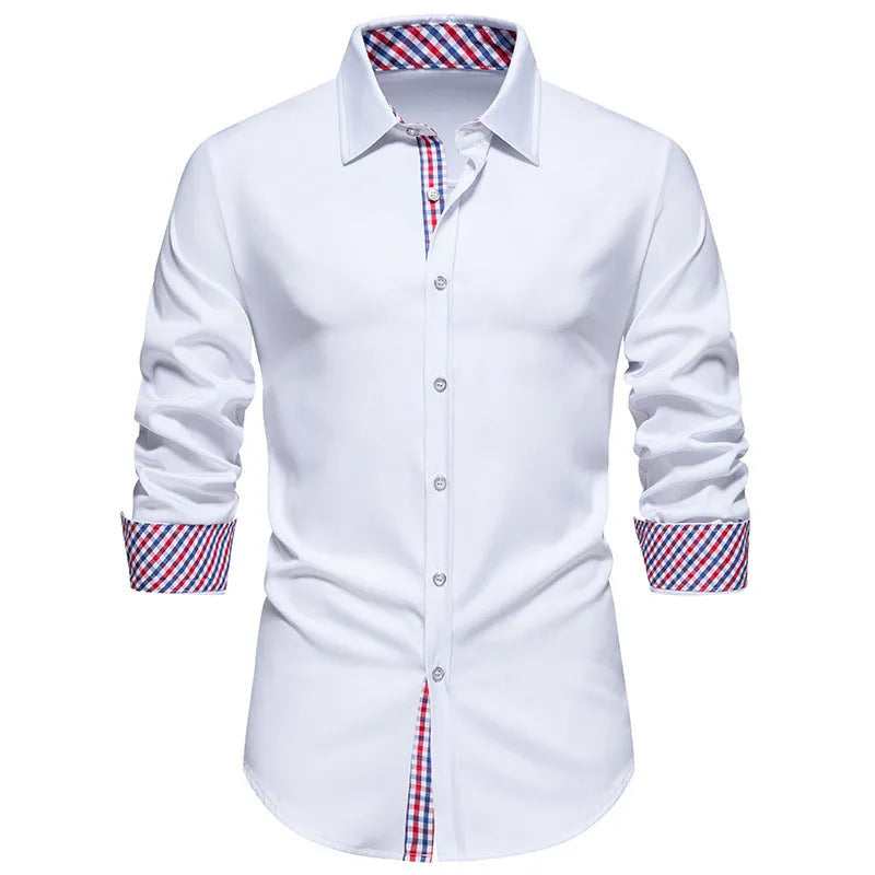 Men's loose plaid casual long-sleeved shirt in chemical fibre blend available in black, white, and wine red colours