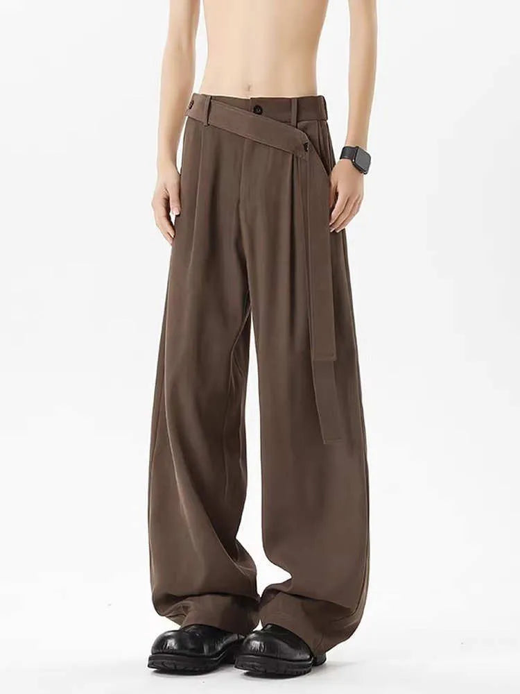 Men's plus size loose fit cotton blend casual trousers with ribbon oblique belt in black