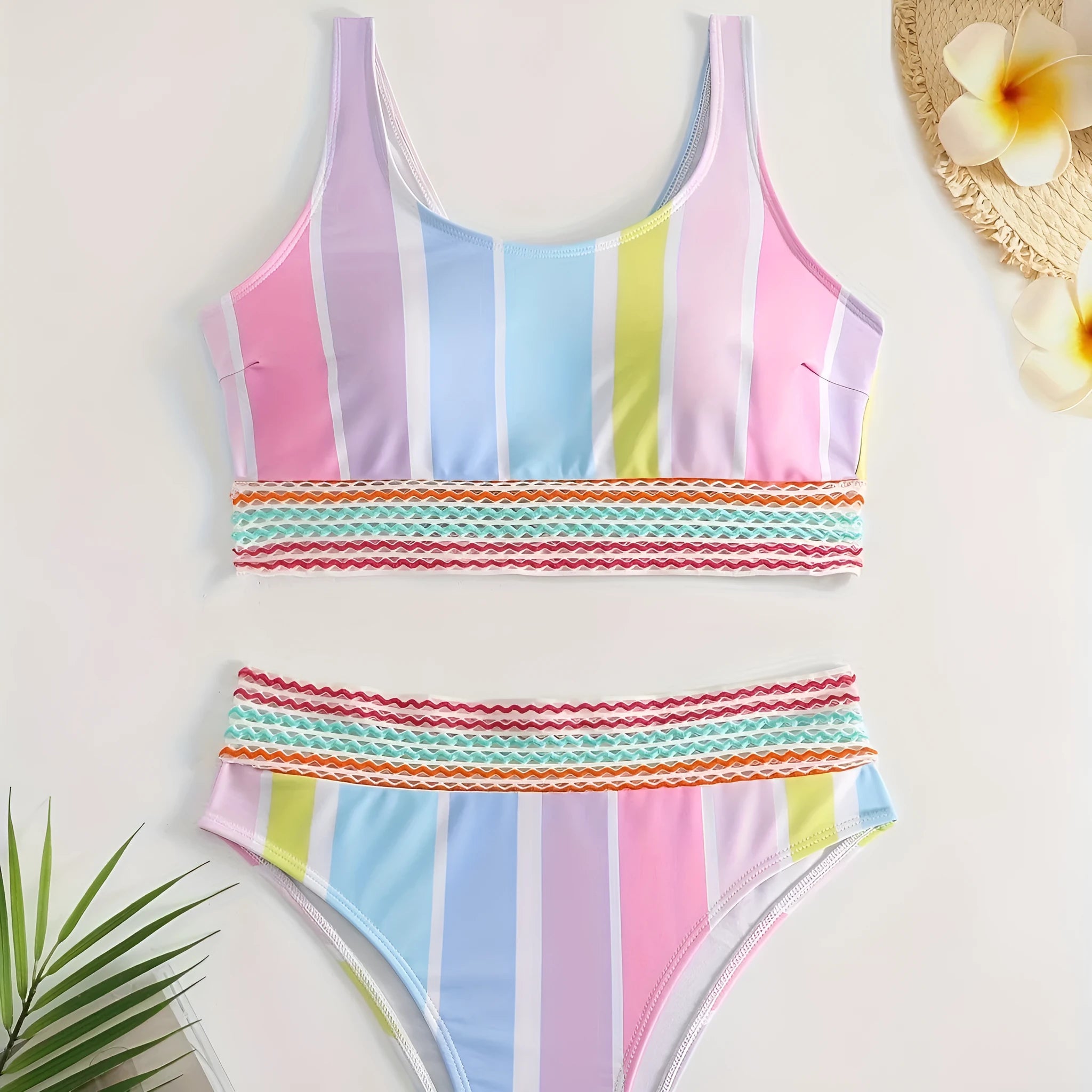 Women's striped bikini swimwear set with briefs style for swimming sports