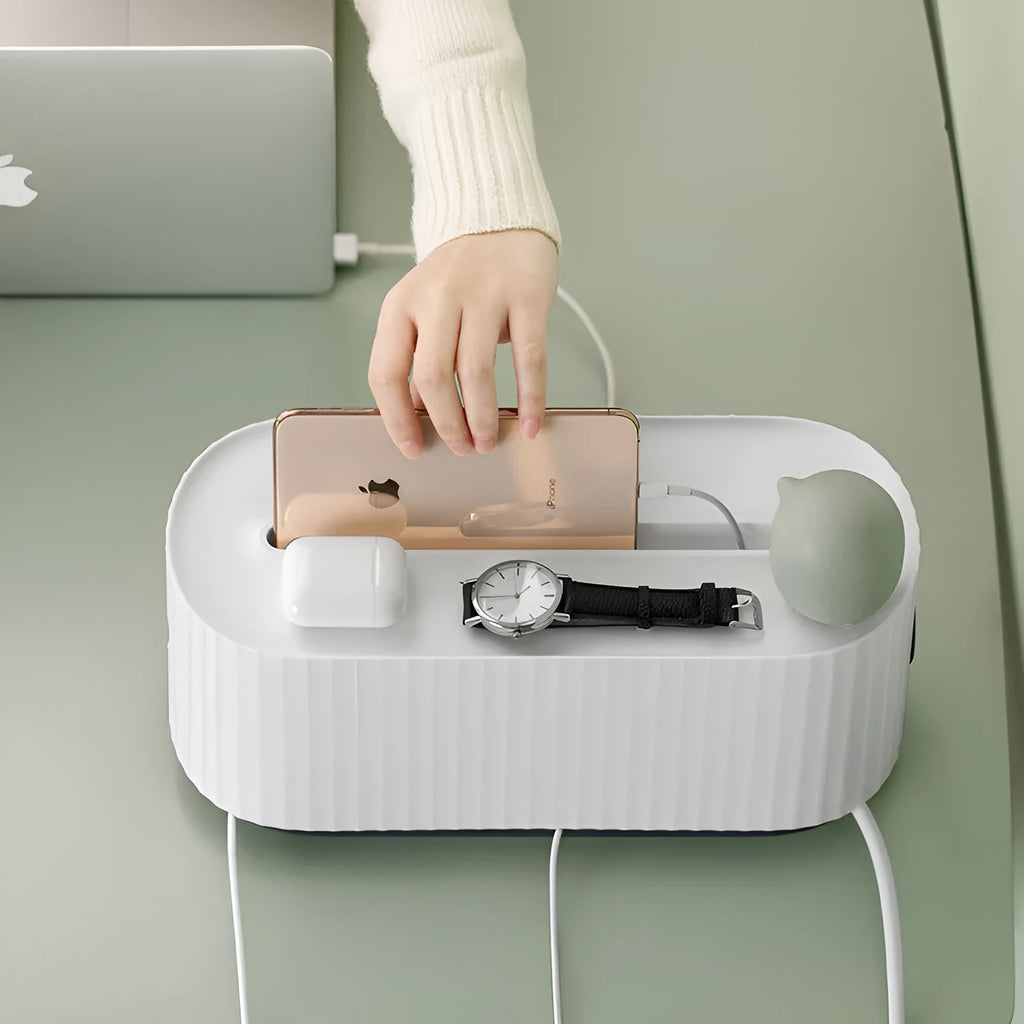 Blue HIPS power strip storage box with double-buckle lid and phone slot on a desk, 331x143x141mm