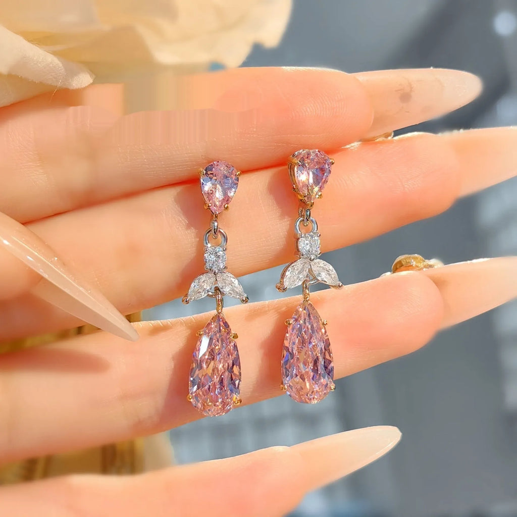 Women's retro floral high-carbon diamond crystal earrings in pink, copper base with flower petal leaf design