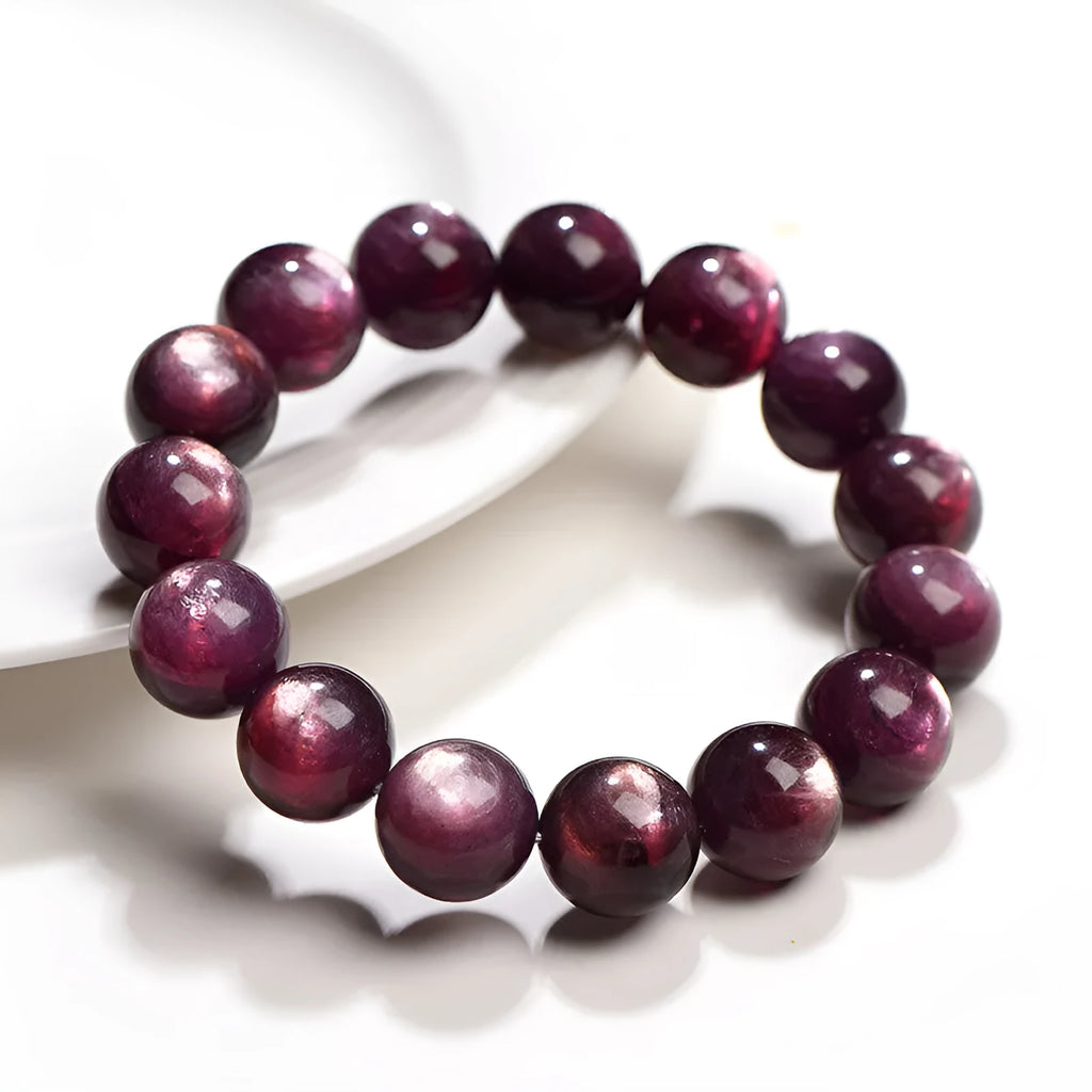 Purple lepidolite crystal bracelet with polished round beads in natural geometric design