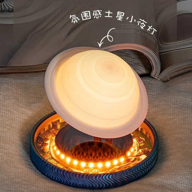 Small magnetic levitating moon lamp floating above its base on a table