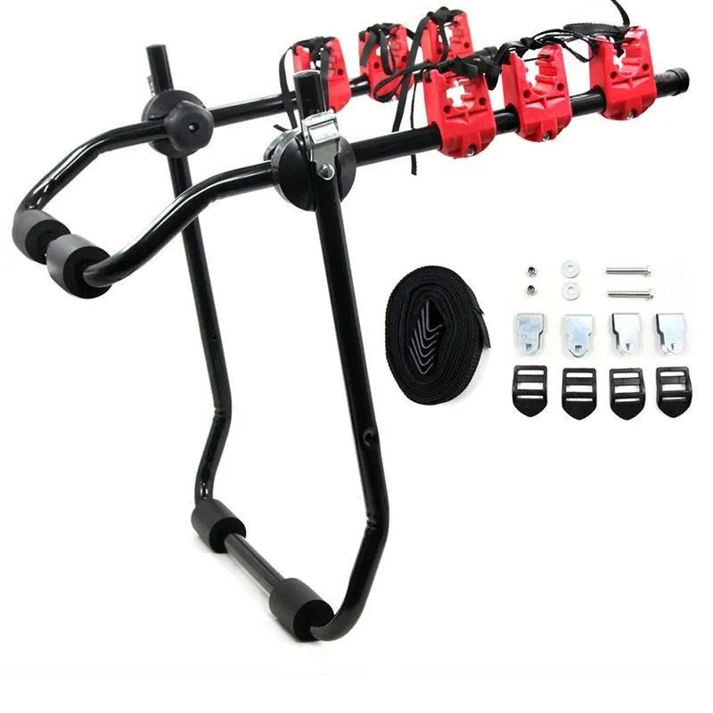 Black and red iron car boot bike rack with sponge padding and securing straps.