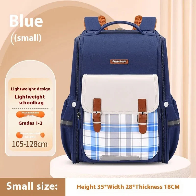 Lightweight large capacity student school backpack in Oxford cloth available in navy blue, pink, green, and beige.