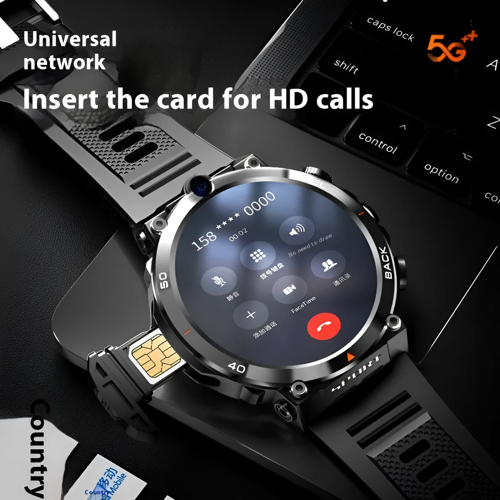Sports smartwatch with dual cameras, touch screen, and heart rate monitoring features