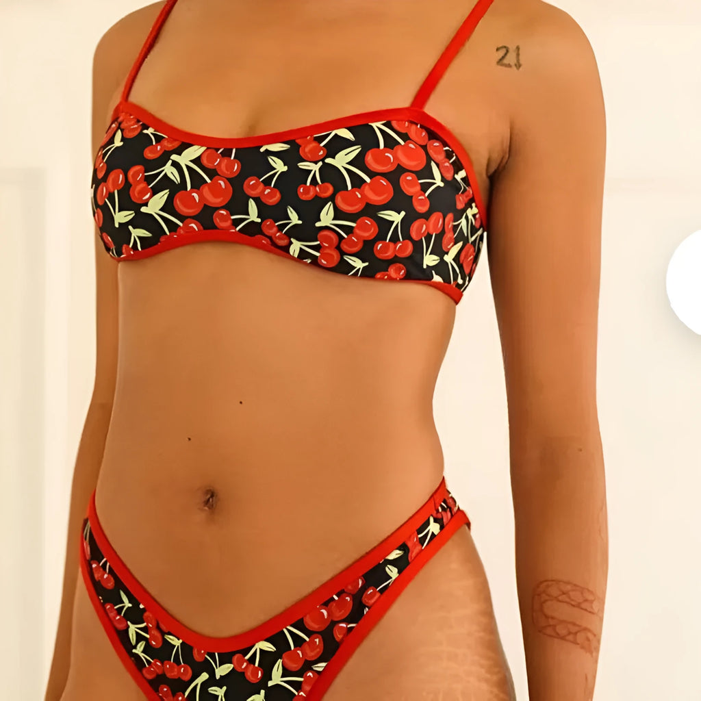 Women's cherry print floral tube top bikini swimsuit with briefs in polyester fabric