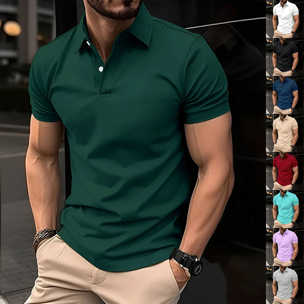 Men's solid colour short sleeve polo shirt with button lapel collar.