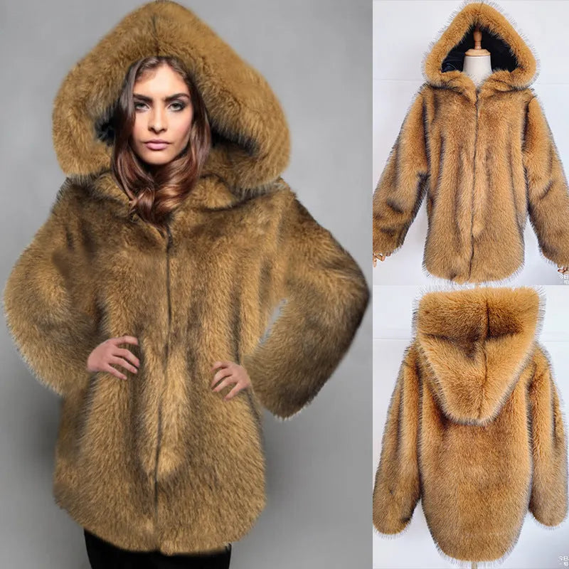 Silver grey loose artificial fur coat for women shown at mid-length