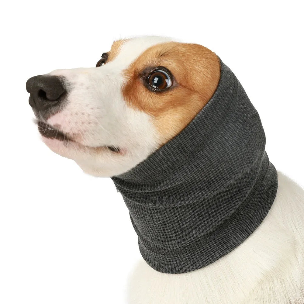 Blue and grey dog headband scarf shown in S, M and L sizes on a white background.