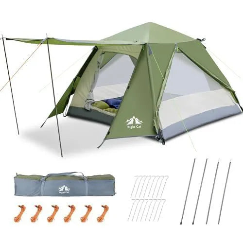 Dark green instant automatic camping tent for two people showing dimensions and waterproof construction