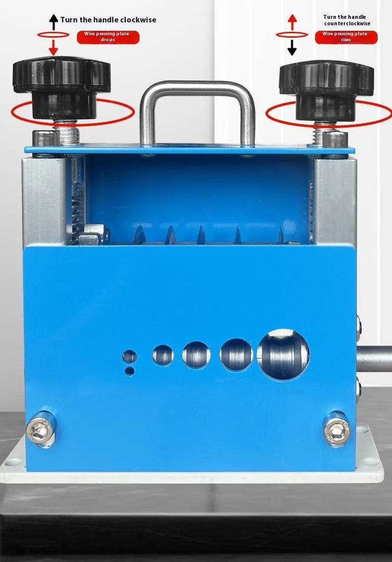 SD-017 manual wire stripping machine for 0.5mm to 17mm diameter cables on a workbench.