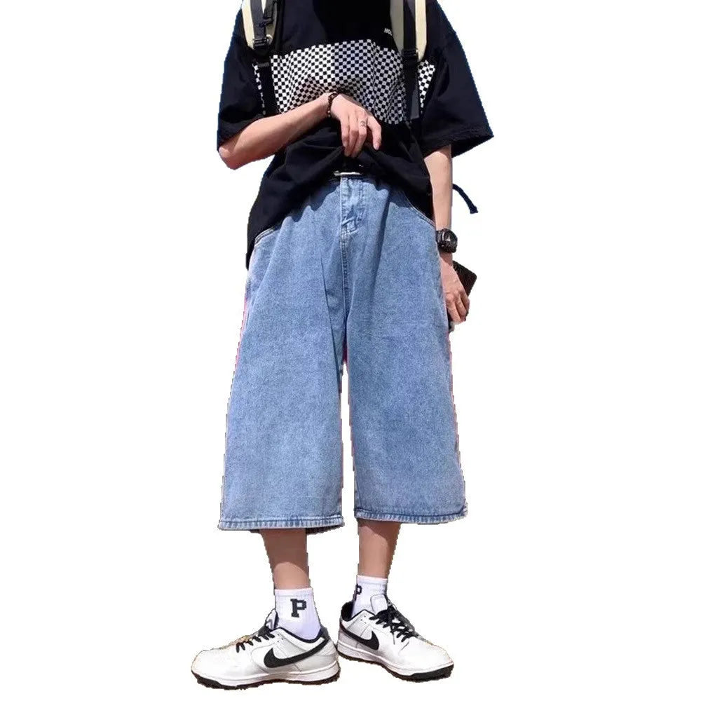 Men's blue denim shorts with high waist and straight leg cropped design