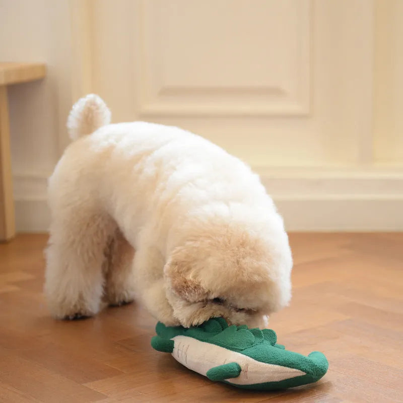 Green durable interactive plush toy dog, 35cm long, for children's play.