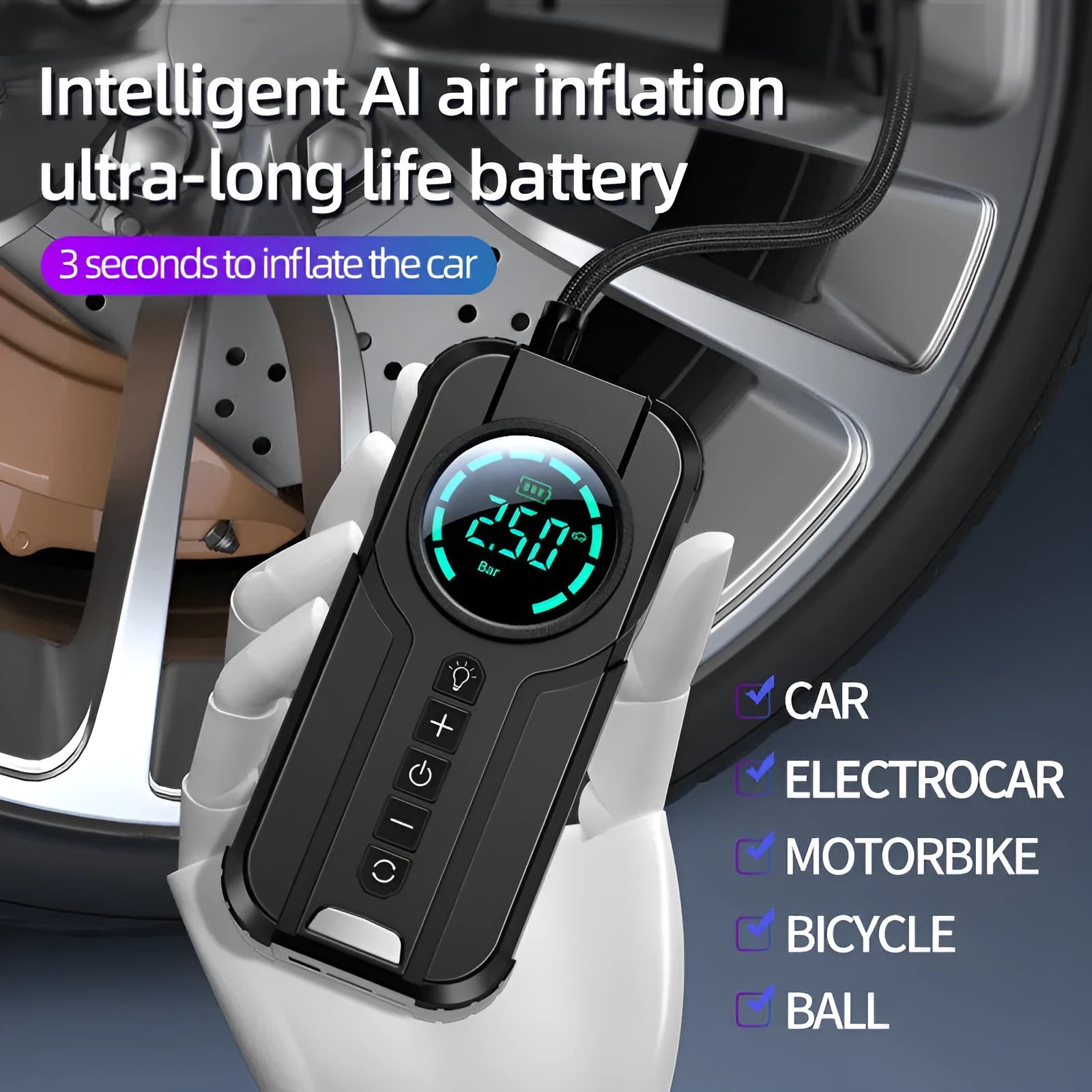 Black portable car air pump with digital display, 6000mAh battery, 3m power cord, and assorted inflation nozzles on a grey background.