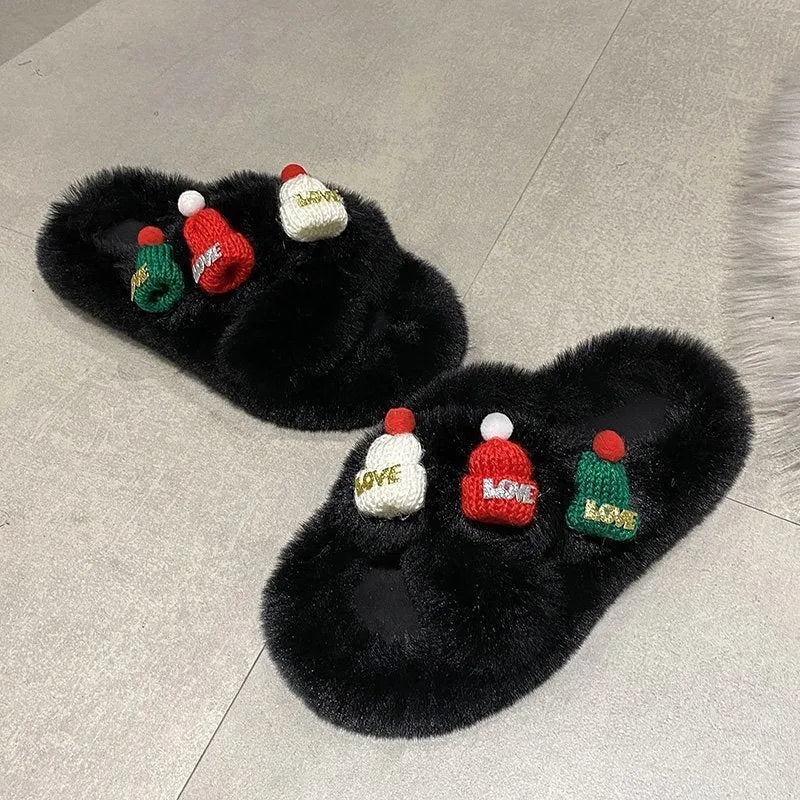 Women's Christmas hat design slippers with hairy faux plush upper in black, khaki and white colours
