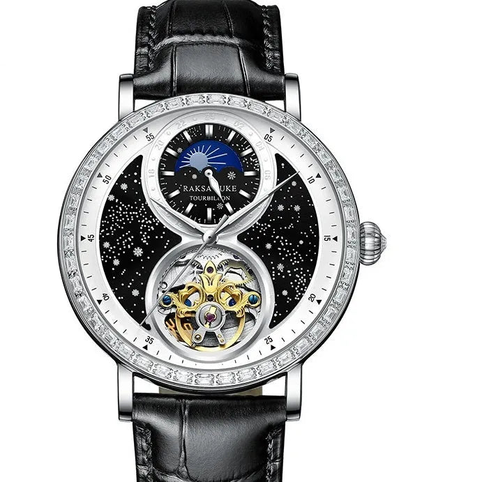 Automatic mechanical watch with black leather strap showing 14mm thick waterproof case on wrist