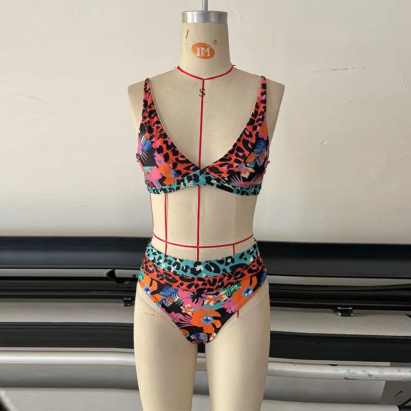 Women's high-waist floral print bikini swimsuit on a white background