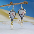 Retro blue geometric drop earrings for women with synthetic opal stone and white pearl.