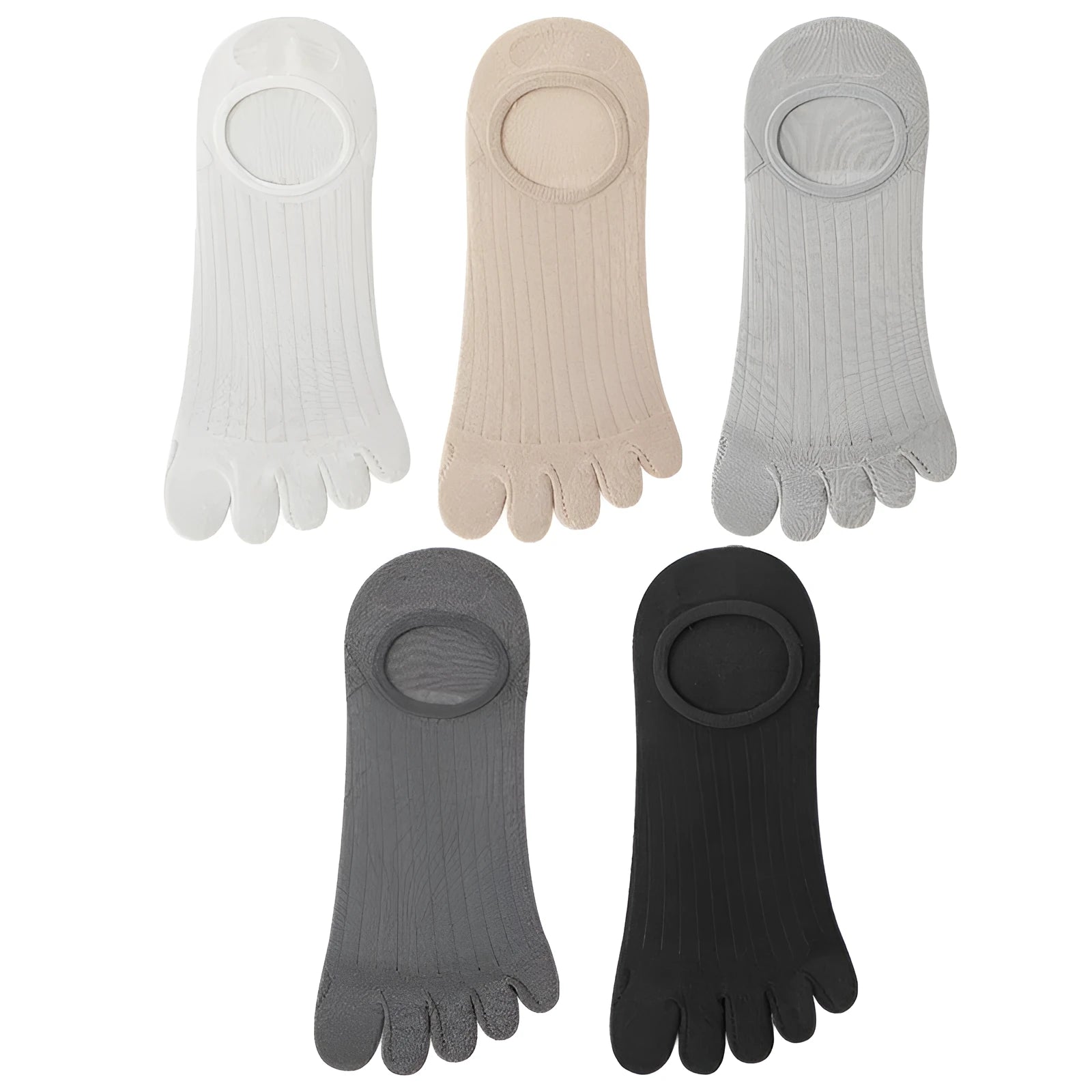 Men's five-finger cotton invisible socks in black, grey, khaki and white colours showing toe separation