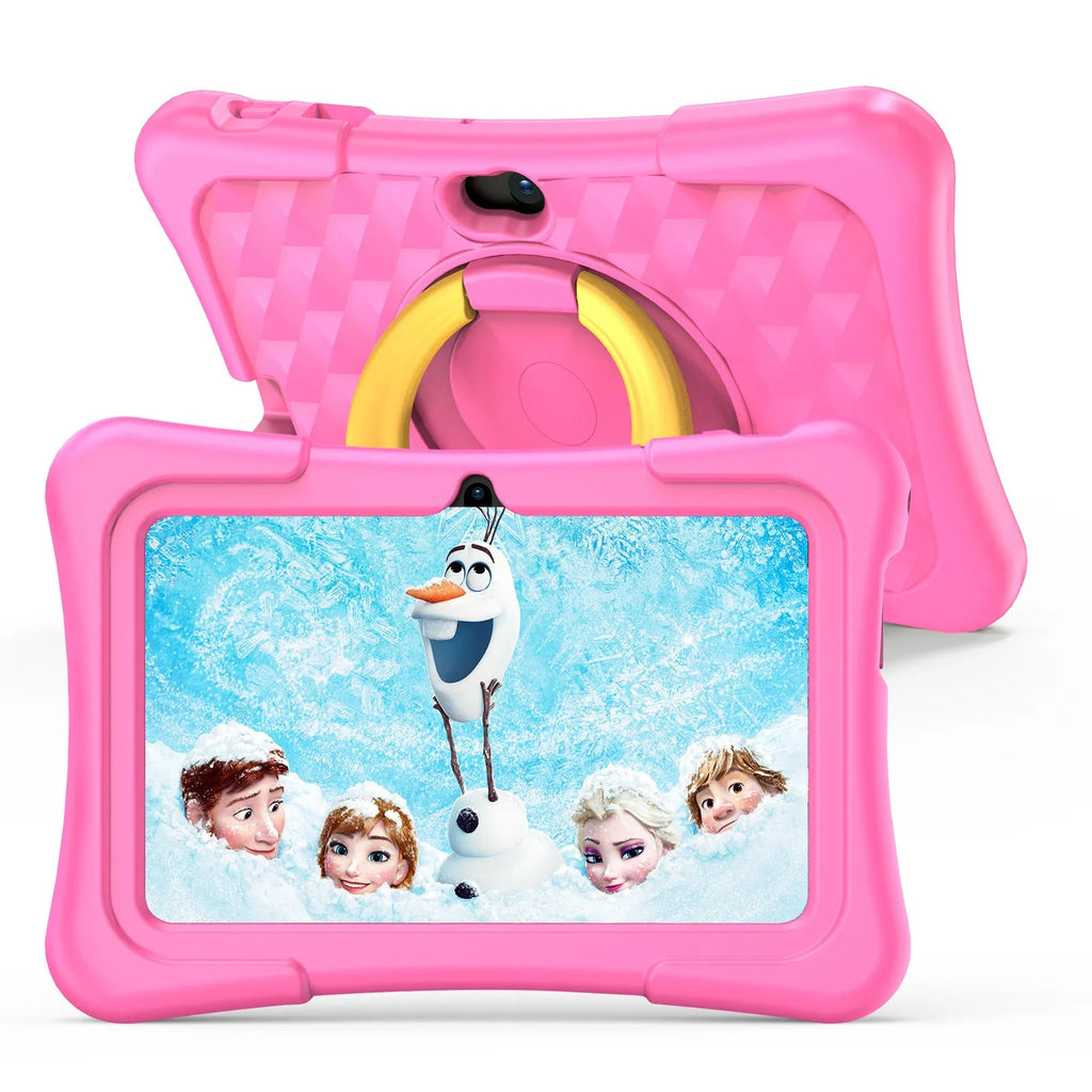 Blue and pink children's 7-inch education tablet with a rotating handle and silicone protective cover.