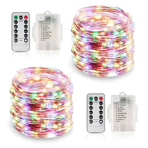 Copper wire decorative string light with 120 bulbs on a 12-metre cable, showing battery box and colour options.