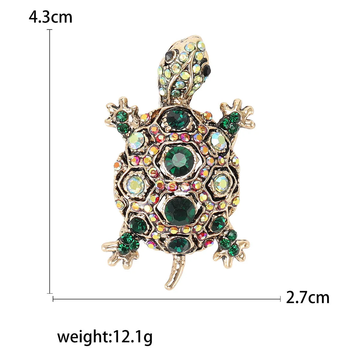 Close-up of a retro-style rhinestone turtle brooch in alloy, shown in blue, green and red colour options.