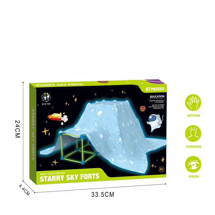 Luminous children's fort building kit with plastic sticks and connector balls for constructing castles and play tents