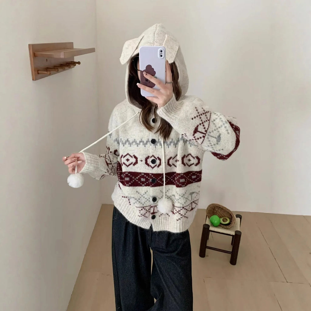 Geometric pattern loose brocade sweater coat for women in grey