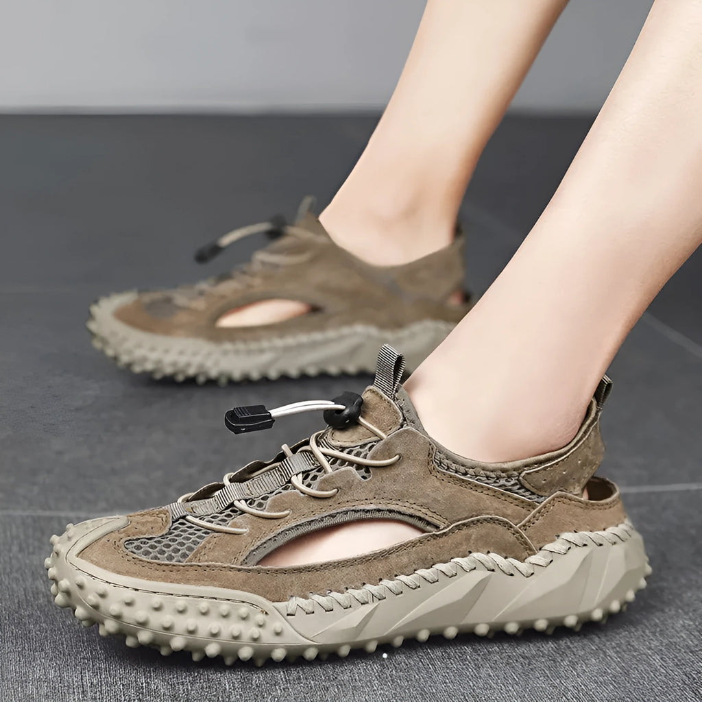 Men's black waterproof sports sandals with leather mesh upper and elastic band fastening
