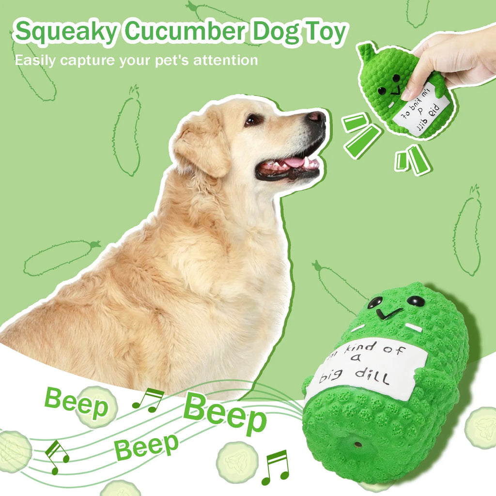 Green latex pickle dog chew toy with textured nubs and squeaker.