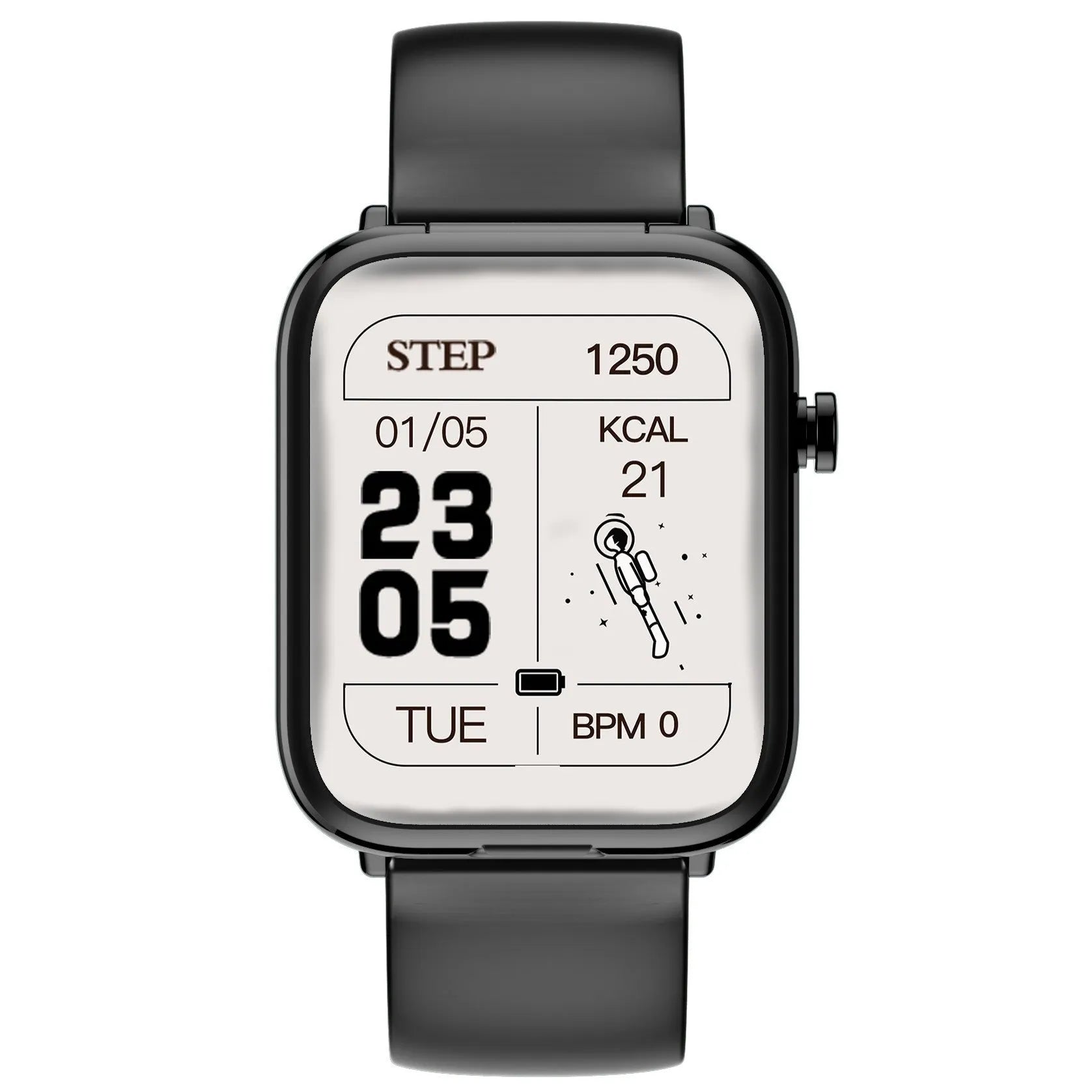 Black smartwatch with touchscreen paired with wireless earbuds on a charging cable.