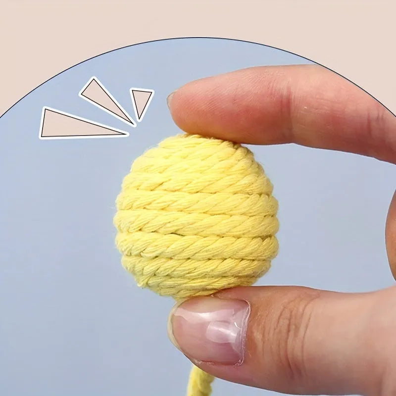 Colourful cat toy ball with an attached rope and built-in bell for kittens, shown in green, pink, purple, and yellow.