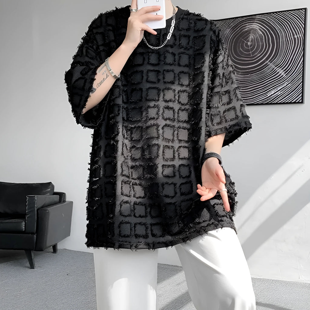Men's T-shirt Cool Style High-end Black Short Sleeve Pullover Synthetic Fiber Blend Jacquard Top for Daily Occasion Loose Fit Asian Sizes M to 3XL