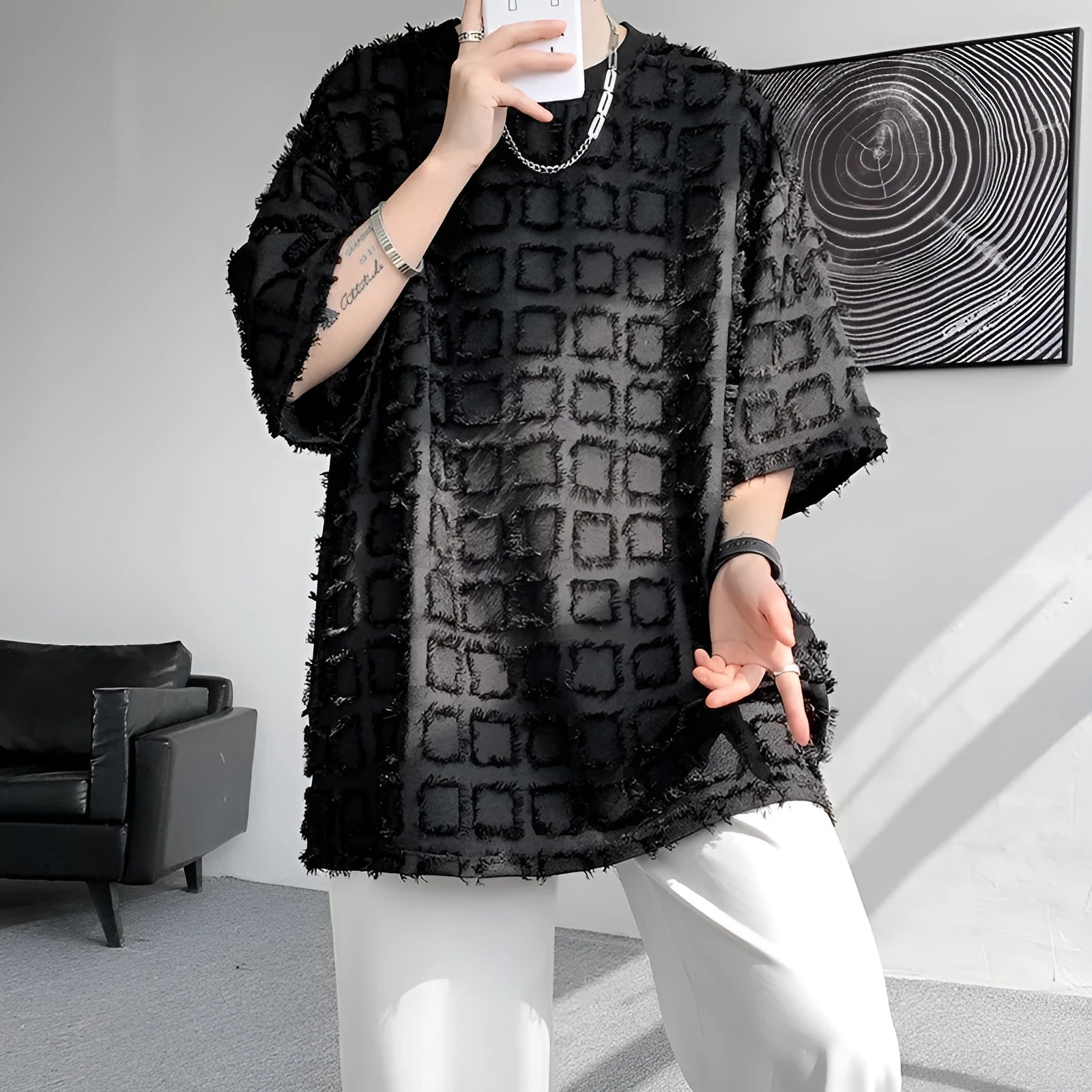 Men's T-shirt Cool Style High-end Black Short Sleeve Pullover Synthetic Fiber Blend Jacquard Top for Daily Occasion Loose Fit Asian Sizes M to 3XL