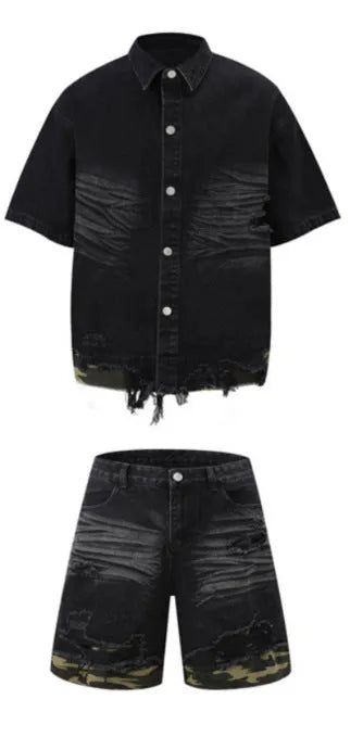 Women's leopard print denim short sleeve top and matching shorts with cut edge stitching.