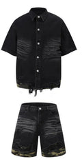 Women's leopard print denim short sleeve top and matching shorts with cut edge stitching.