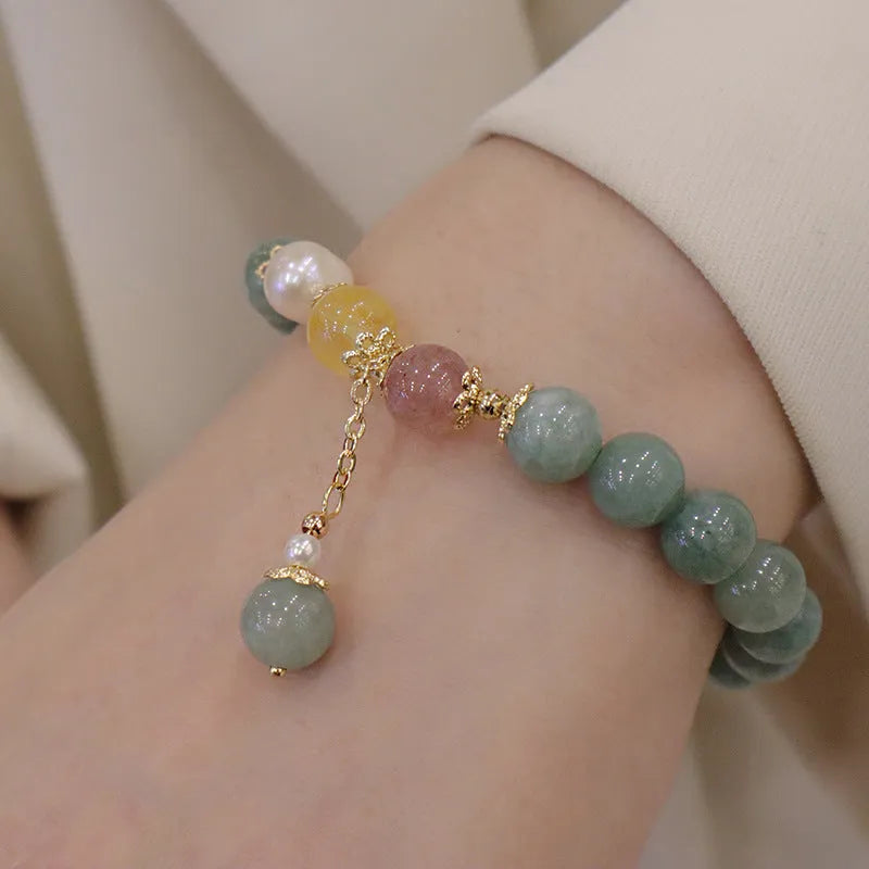 Zhen Han style women's bracelet made of Myanmar jade with geometric shapes and bead pearl decoration.