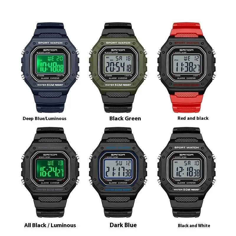 Waterproof electronic swimming watch with alarm clock in six colour variations